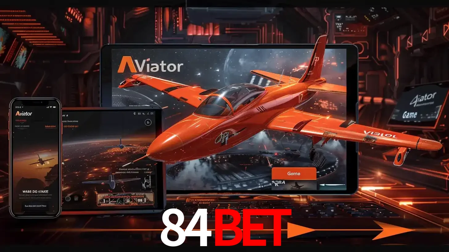 Apresentação tecnológica do jogo Aviator com um avião saindo da tela de um tablet, demonstrando a experiência imersiva em múltiplos dispositivos no 84bet.