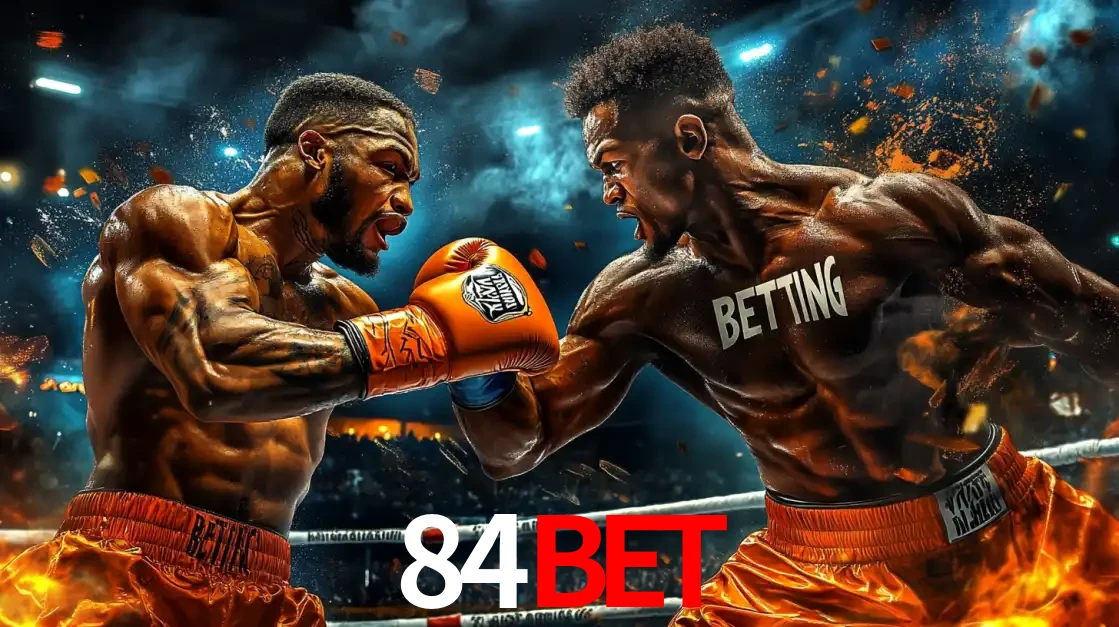 Dois boxeadores em uma luta intensa e explosiva, representando a adrenalina e as oportunidades de apostas em esportes de combate disponíveis na plataforma 84bet.