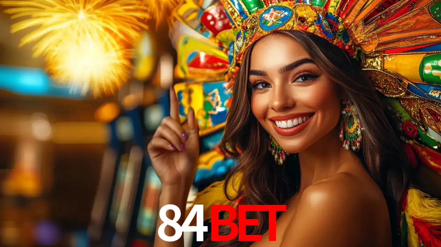 Mulher sorridente com um cocar de carnaval vibrante e colorido, celebrando uma grande vitória nos jogos do cassino 84bet com fogos de artifício ao fundo.