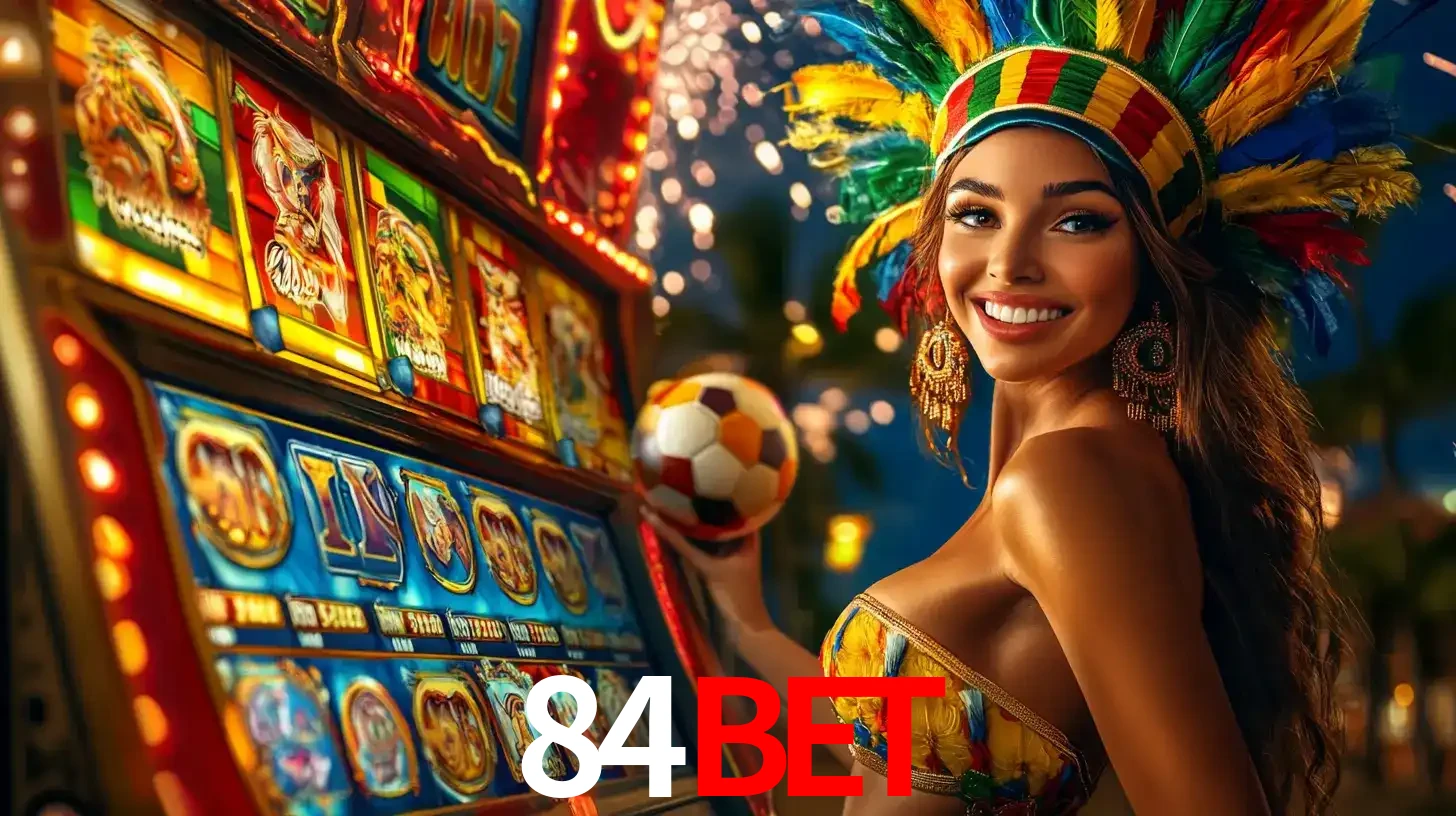 Mulher com um cocar de carnaval ao lado de uma máquina de caça-níqueis enquanto segura uma bola de futebol, mostrando a união da diversão de cassino e esportes no 84bet.