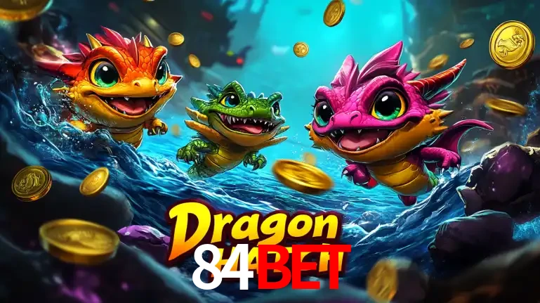 Arte promocional do jogo Dragon Hatch com três adoráveis dragões bebês nadando entre moedas de ouro, um dos slots mais divertidos para jogar no cassino 84bet.