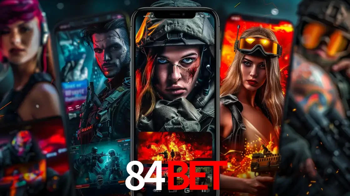 Montagem de telas de celular mostrando diversos personagens, masculinos e femininos, de um jogo de tiro, ilustrando a diversidade de equipes de e-sports para apostar no 84bet.