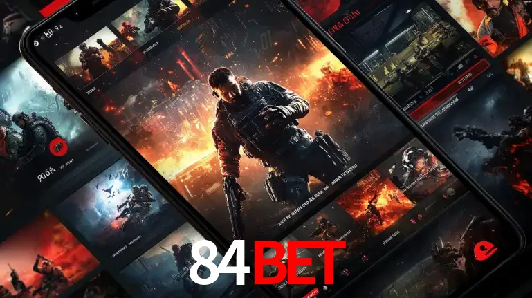 Tela de um celular exibindo uma galeria de jogos de tiro com temática militar, mostrando a variedade de e-sports disponíveis para apostas na plataforma de entretenimento 84bet.