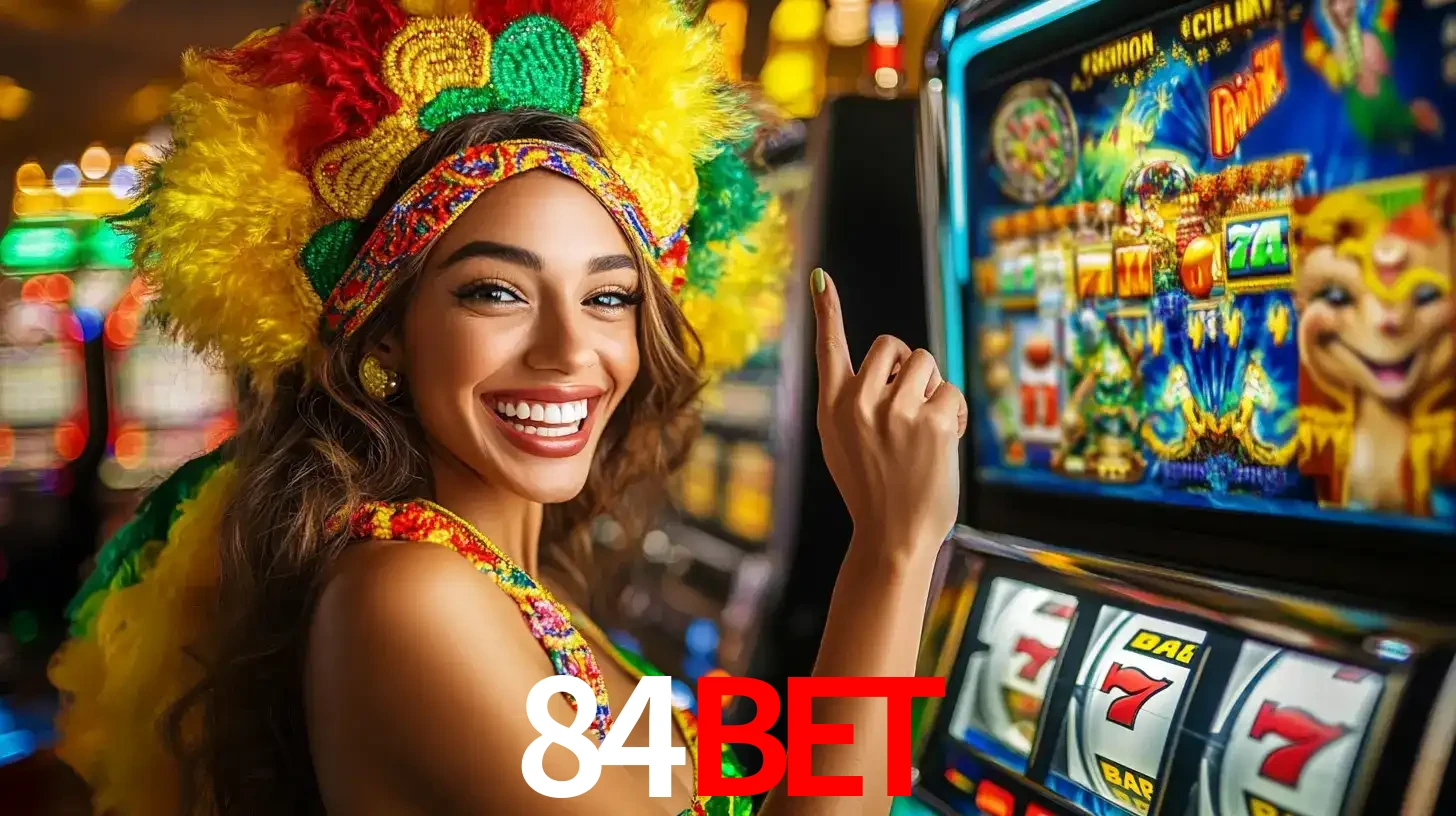 Mulher animada com um cocar de carnaval apontando para uma máquina de caça-níqueis, mostrando a emoção de ganhar um grande prêmio nos jogos do 84bet.