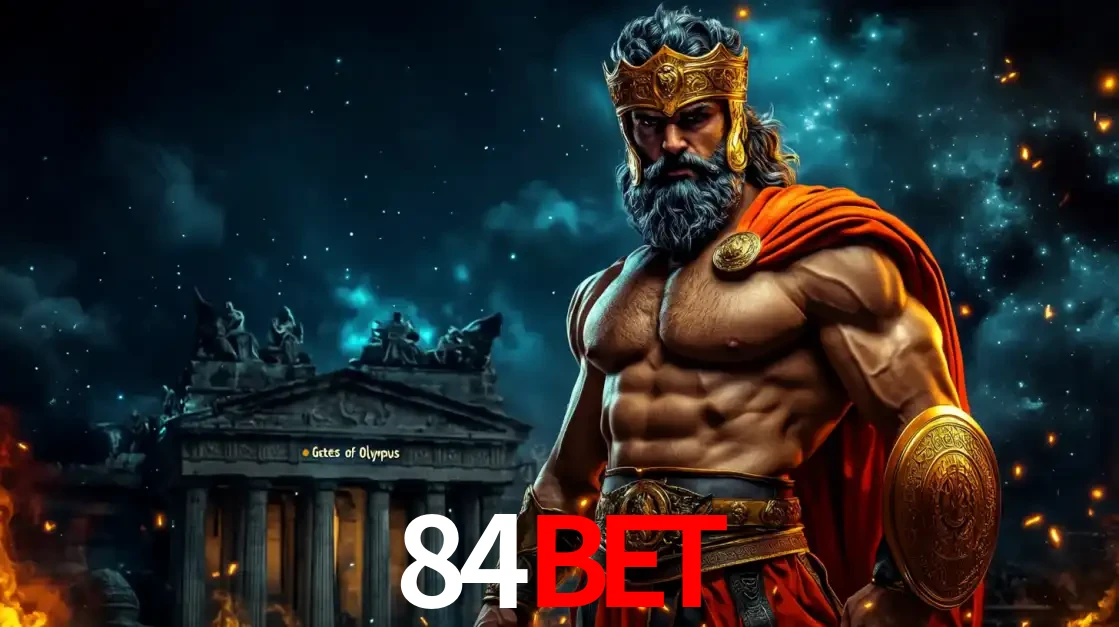 O poderoso Zeus do jogo de slot Gates of Olympus em frente ao seu templo, pronto para lançar multiplicadores divinos e prêmios épicos no cassino online 84bet.