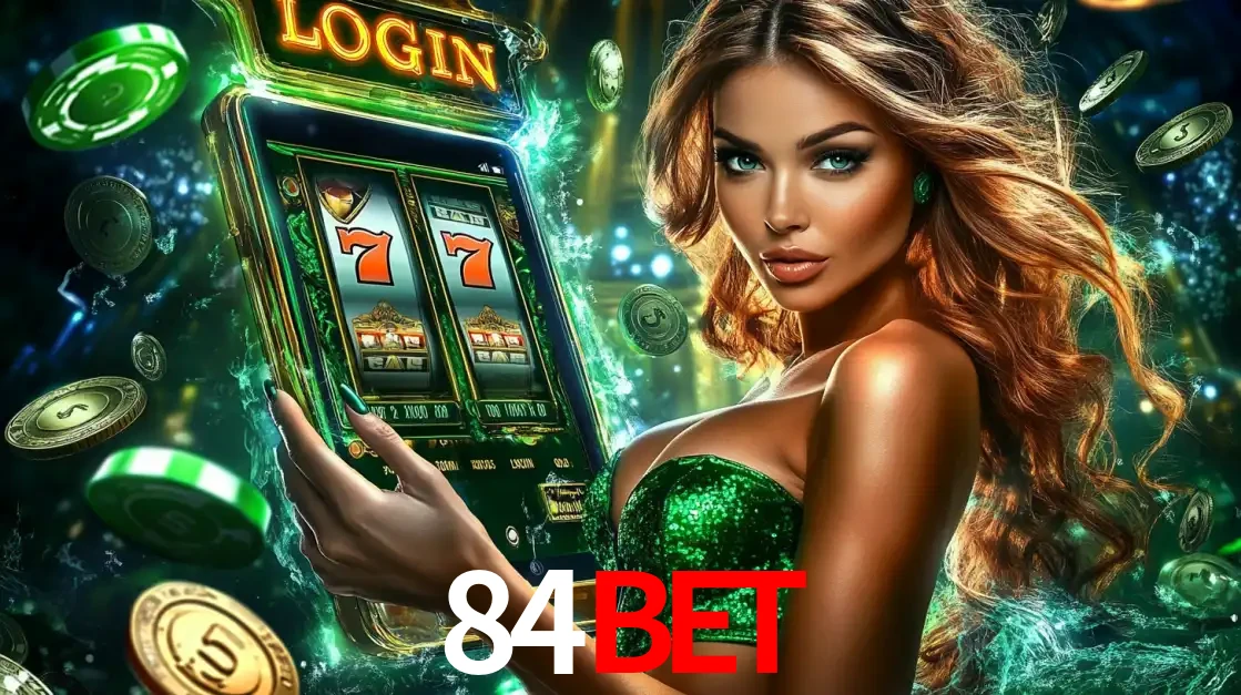Mulher com tema verde apresentando o aplicativo do cassino 84bet com um jogo de slot de 777, cercada por fichas de cassino e uma aura de sorte.