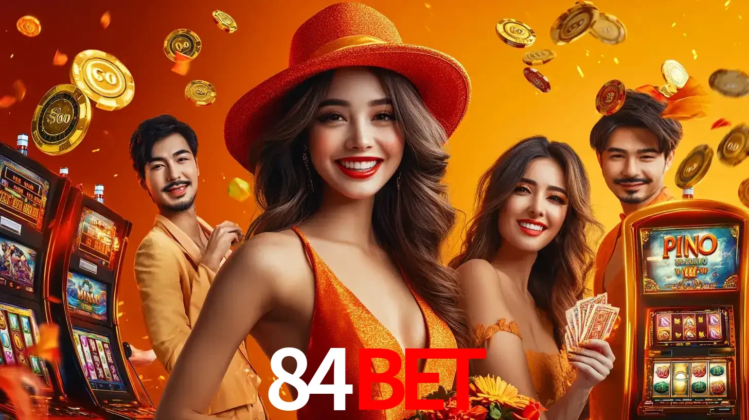 Grupo de amigos asiáticos sorrindo e se divertindo com máquinas de caça-níqueis em um ambiente festivo, celebrando suas vitórias nos jogos de cassino do 84bet.