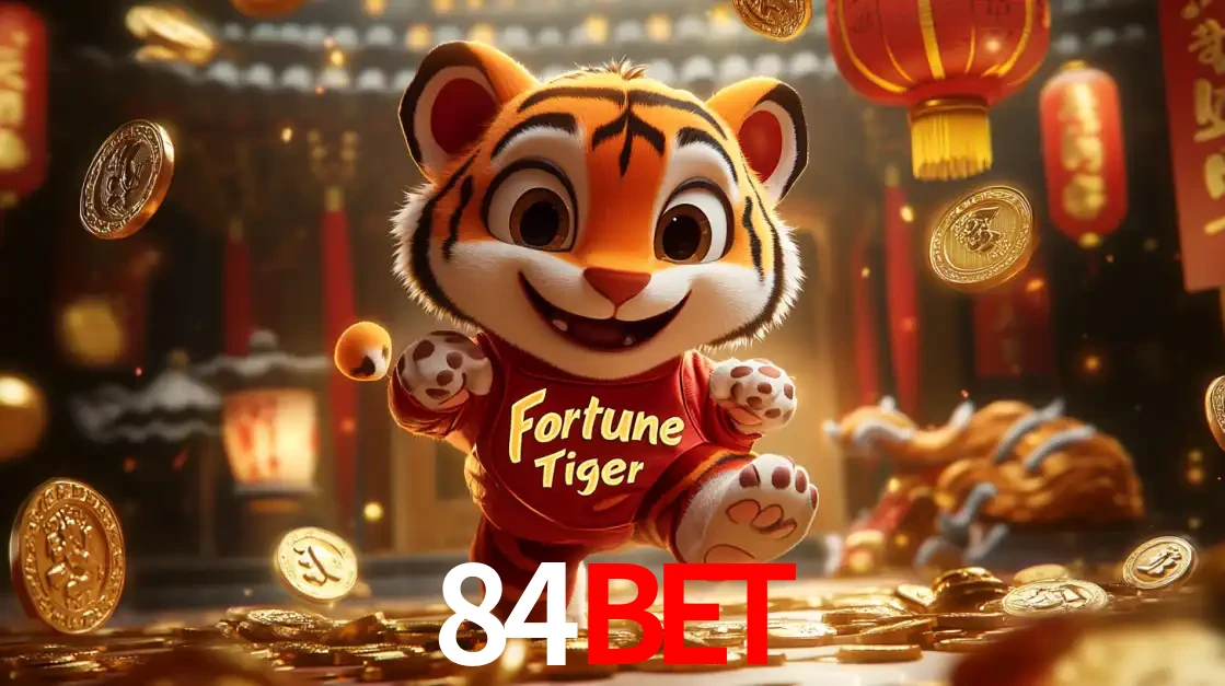 O alegre personagem do Fortune Tiger correndo sobre um caminho de moedas de ouro, simbolizando os grandes prêmios e a diversão do popular jogo de slot do 84bet.