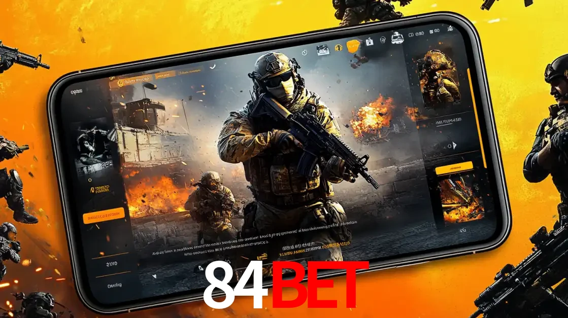 Um smartphone exibindo a interface de um jogo de tiro em primeira pessoa, com um soldado em um cenário de batalha, representando a ação dos e-sports para apostar no 84bet.