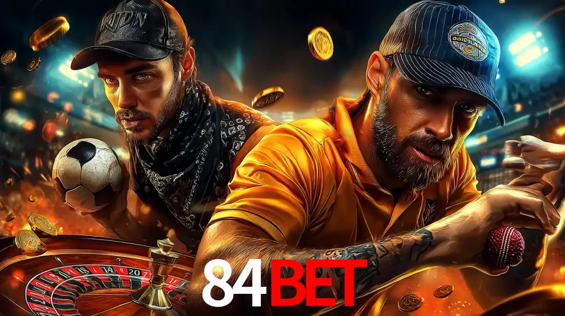 Montagem de apostas esportivas e cassino no 84bet, com um homem segurando uma bola de futebol e outro uma de beisebol sobre uma roleta e moedas voadoras.