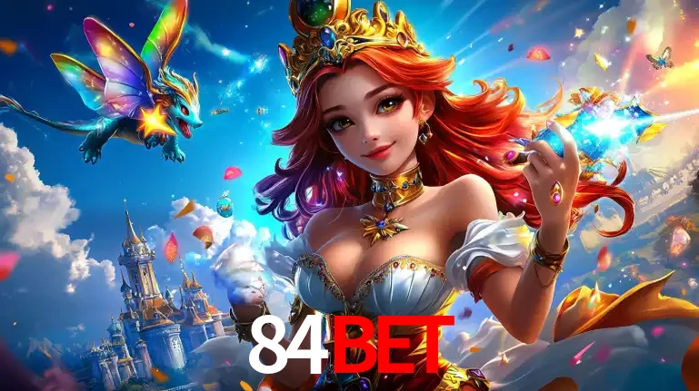 A princesa de um reino de fantasia mágico, com seu pequeno dragão, apresentando um mundo de prêmios encantados nos jogos de caça-níqueis do cassino 84bet.
