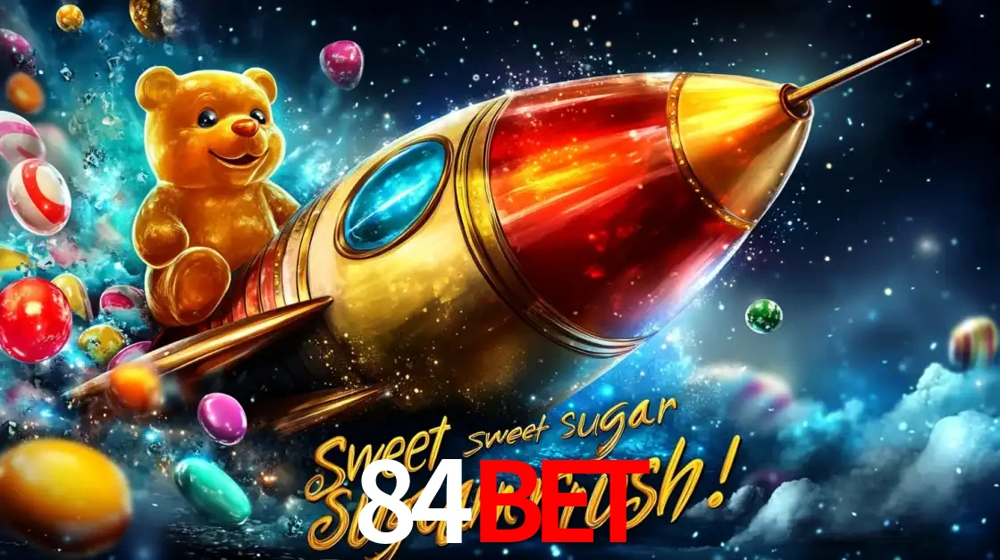 Arte promocional do jogo de slot Sugar Rush, com um urso de pelúcia em um foguete viajando pelo espaço de doces, um dos jogos divertidos disponíveis no cassino 84bet.