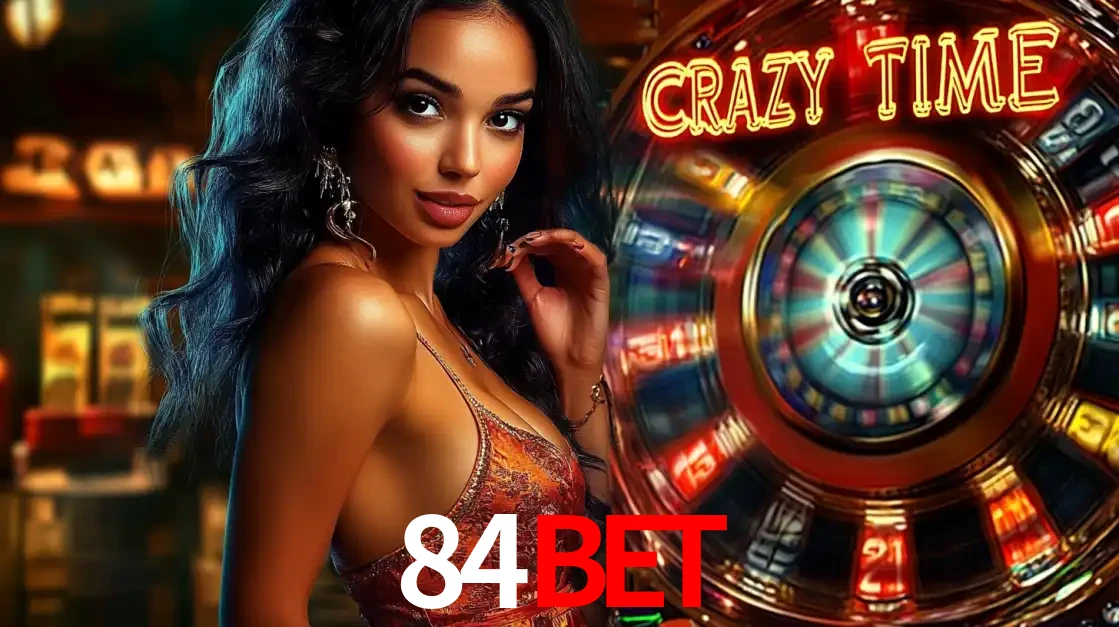Mulher elegante ao lado da vibrante roda da fortuna do jogo de cassino ao vivo Crazy Time, um dos game shows mais populares e cheios de prêmios do 84bet.