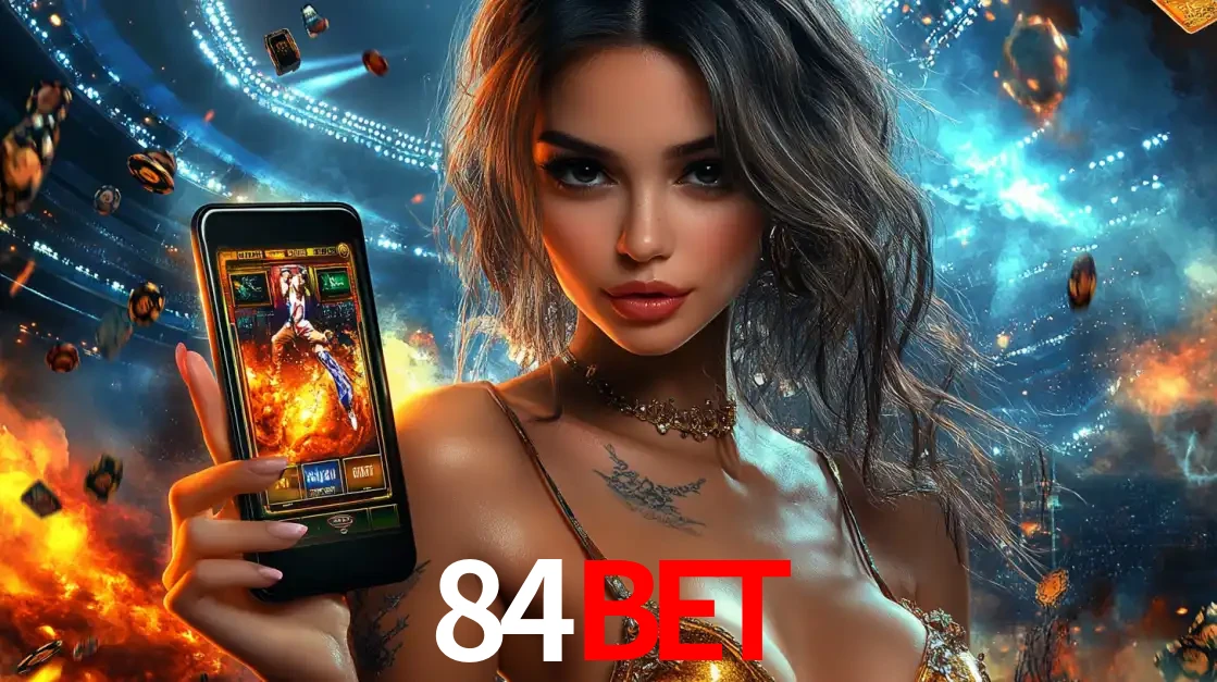 Mulher segurando um celular com um jogo de slot em destaque, tendo como fundo um estádio vibrante, simbolizando a emoção de jogar no cassino móvel 84bet.